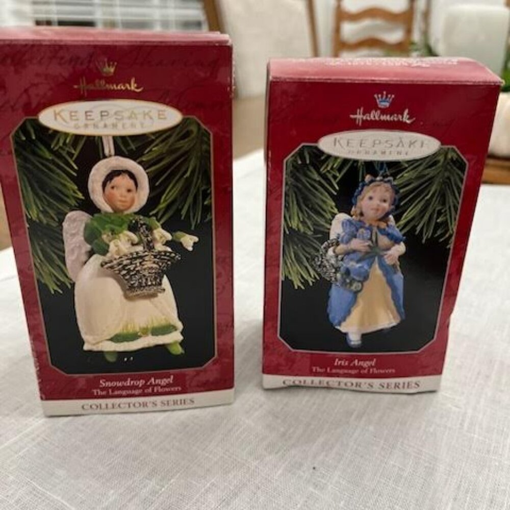 Vintage 1997 & 1998 Hallmark Keepsake Ornaments Iris & Snowdrop Angel Christmas